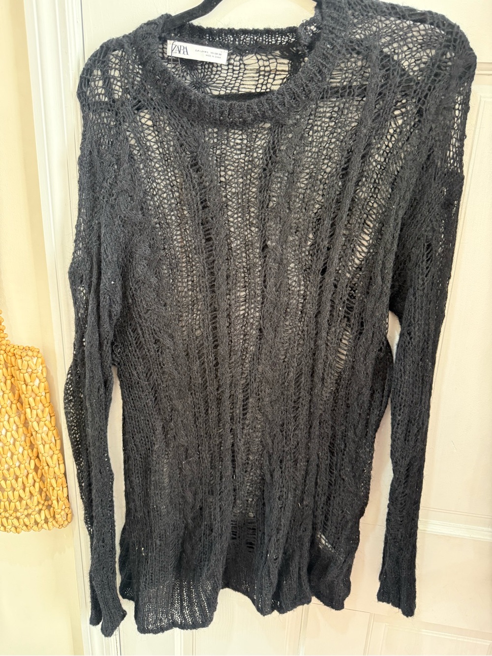 Zara Black Open-Weave Crewneck Sweater